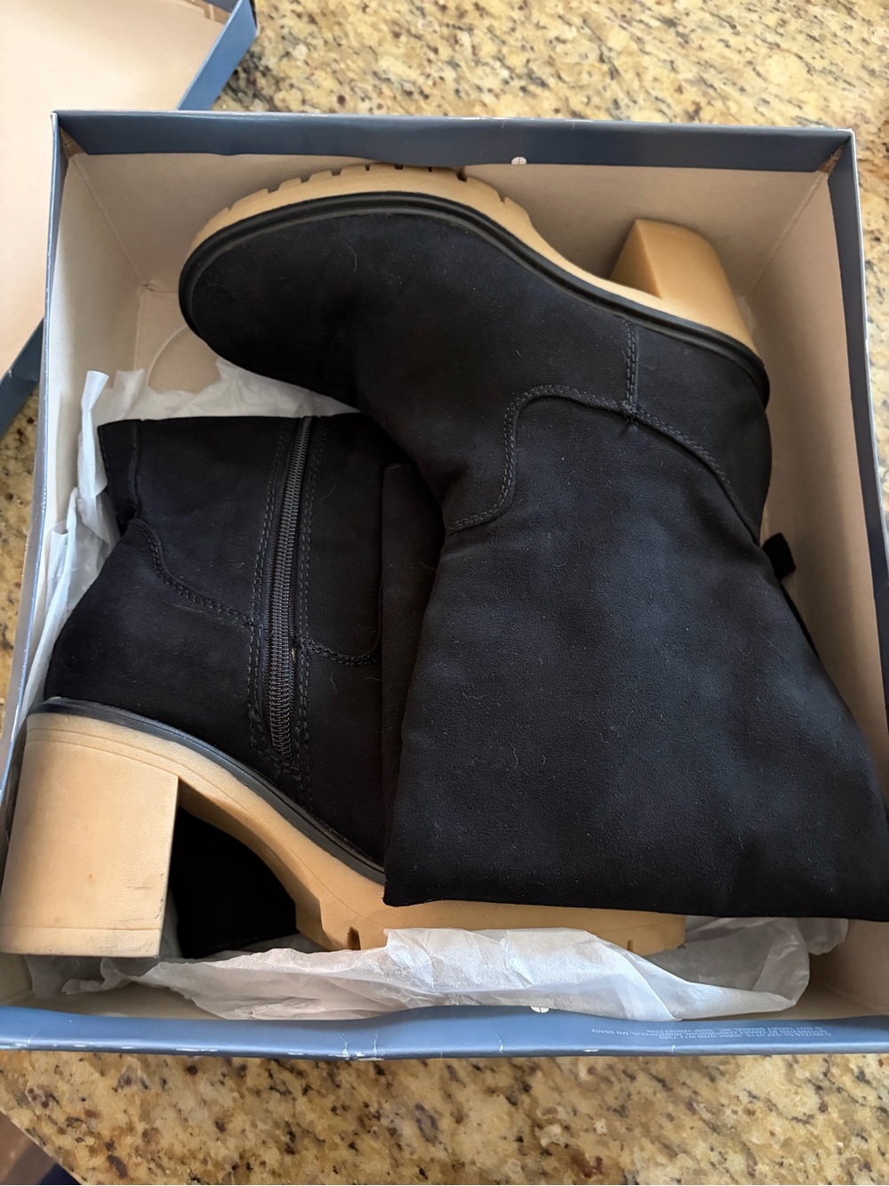 Universal Thread Black Ankle Boots with Tan Block Heel